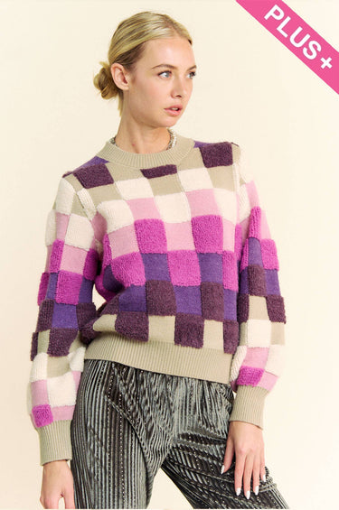PLUS MULTI COLOR PLAID CHECKER LONG SLEEVE SWEATER: Purple Multi